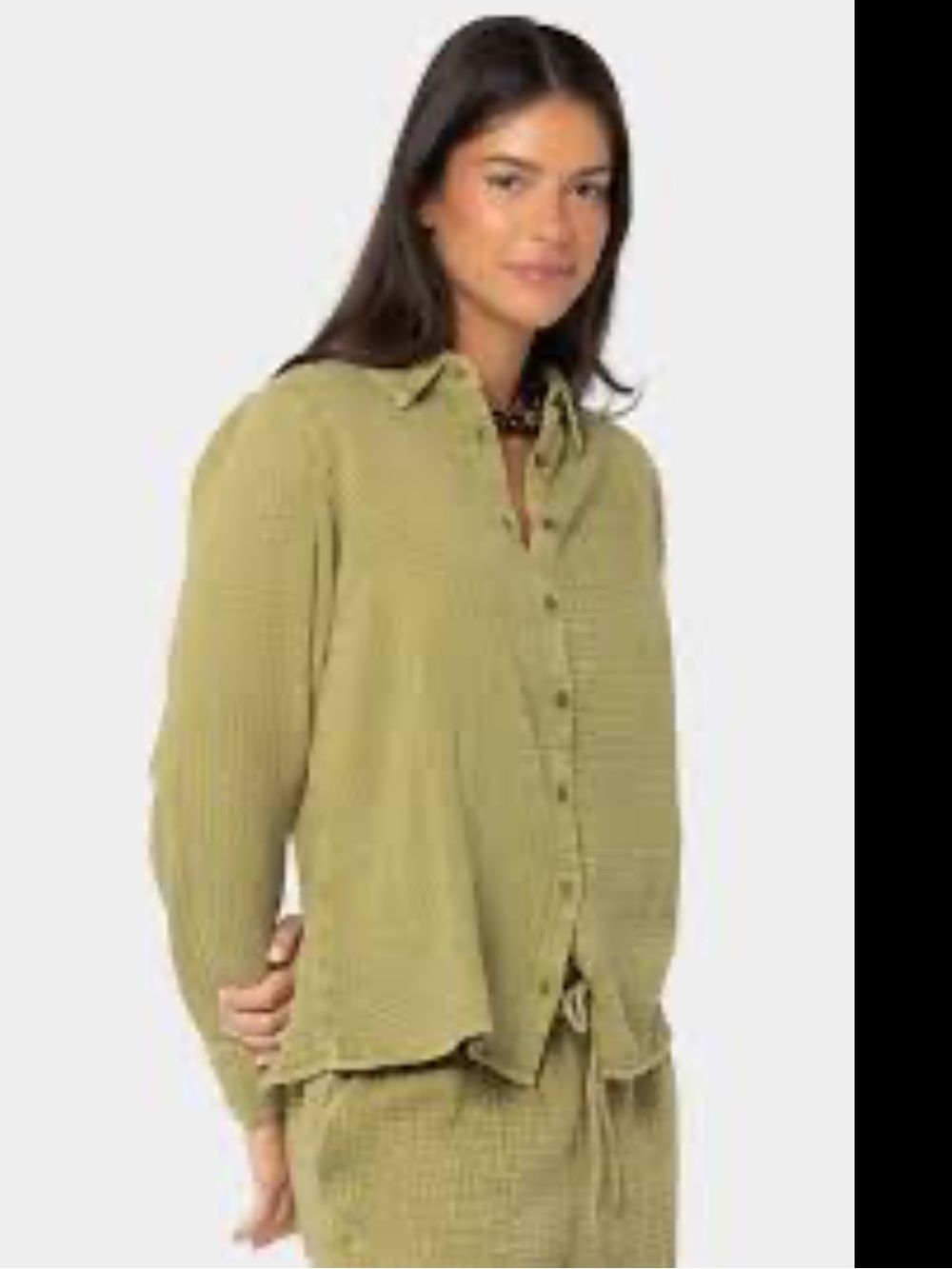 Peace Love World Olive Green Waffle Button-Up Shirt
